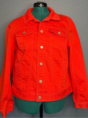 Talbots Red Denim Jacket Women’s XL Button Front Trucker Style Cotton